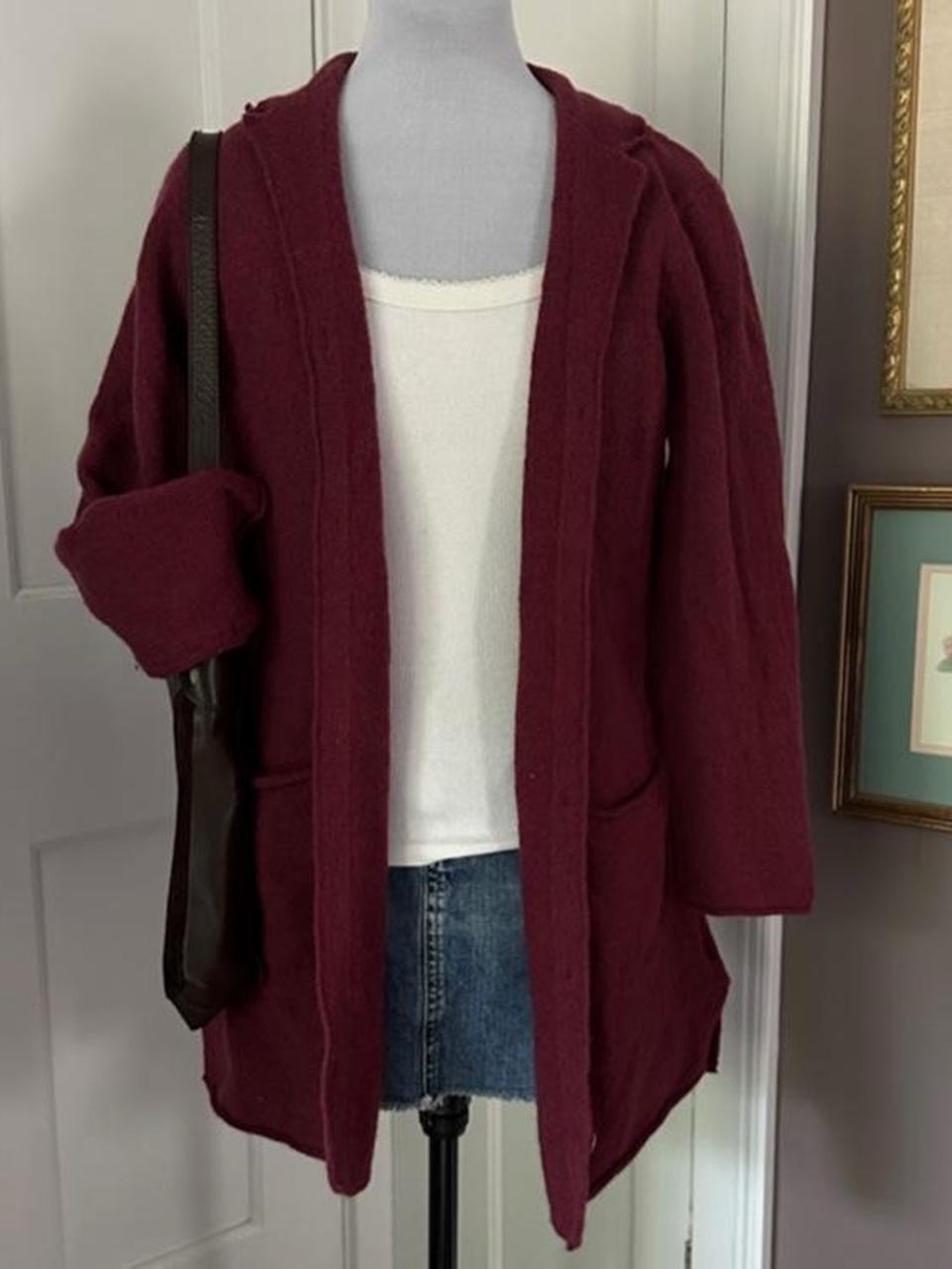 Burgundy button-up 100% wool long cardigan with pockets